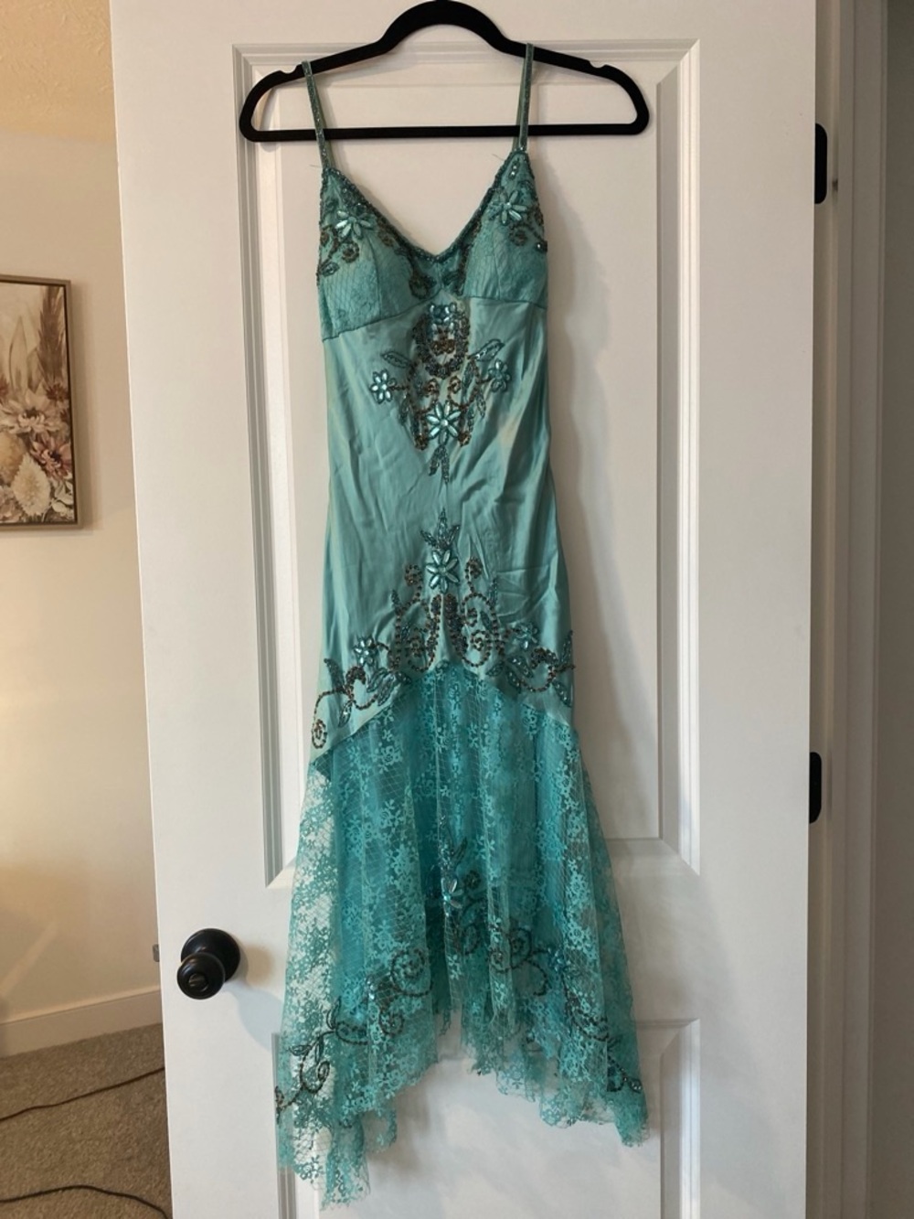 Cache Teal Lace & Sequin High-Low Slip Dress